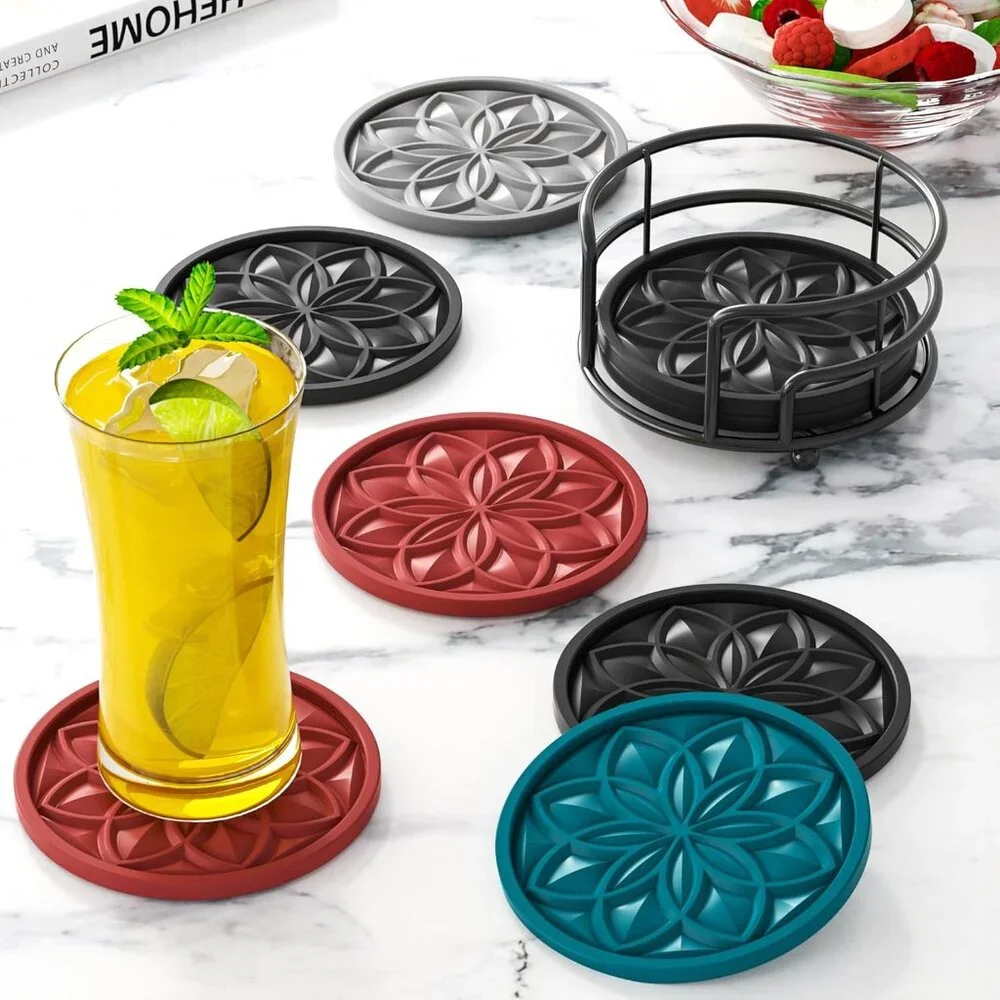 Drink Coasters Set of 6 Packs with Holder, Round Black BPA Free Silicone with No